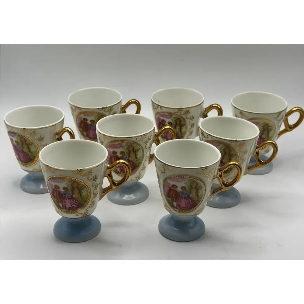 Vintage Japan Demitasse Cups Set of 8‎ Blue Gold Courting Couple Porcelain